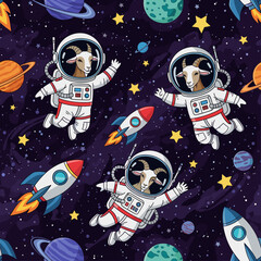 Whimsical cartoon goats explore space in astronaut suits amidst rockets stars and planets Fun kid design
