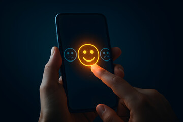 User selecting happy emoticon on smartphone screen – concept of emotional feedback, digital satisfaction, and user experience