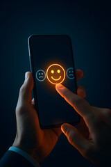 User selecting happy emoticon on smartphone screen – concept of emotional feedback, digital satisfaction, and user experience