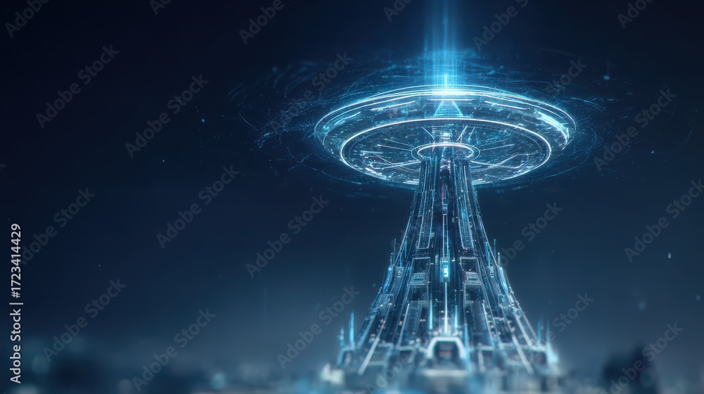 Poster futuristic tower with a glowing structure, symbolizing advanced technology and innovation in a digit