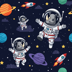 Cute rhino astronauts float in starry space with planets and rockets Fun adventure design