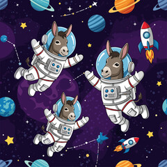 Cute cartoon donkeys exploring space as astronauts among planets and stars Fun adventure