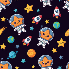 Cute astronaut starfish exploring space among planets and rockets Playful cosmos pattern for kids