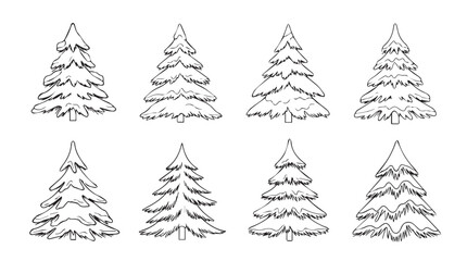 Eight hand drawn snowy pine trees set winter forest holiday season nature elements silhouette