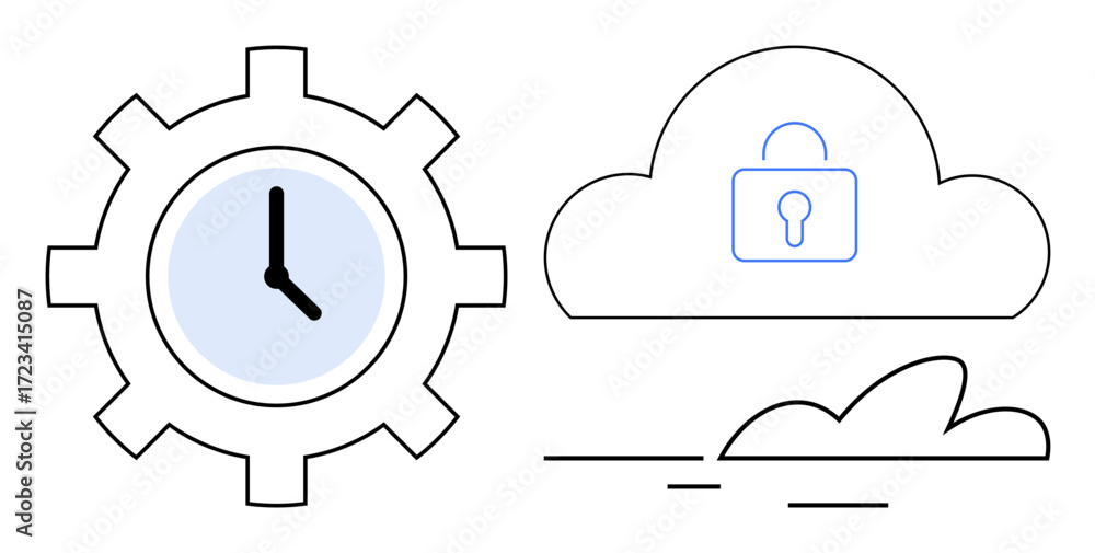Aufkleber clock inside a gear and secure cloud with a lock symbolize time management, data protection, cloud c
