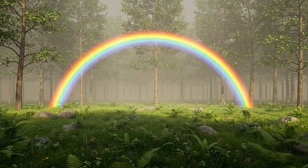 Rainbow Appearing in Lush Forest Glade on Sunny Day