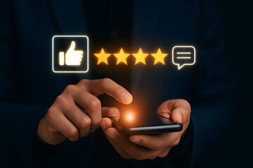 Person using smartphone with glowing icons of reviews and feedback – concept of digital ratings, customer satisfaction, and online engagement