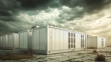Fototapeta premium Industrial Containers Under Dramatic Sky with Overcast Clouds