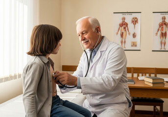 Obraz premium Elderly male doctor examining young girl patient with stethoscope in medical office
