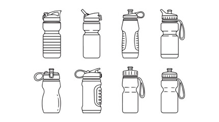 Collection of eight outline drawings of various sports water bottles for fitness and hydration silhouette © Pias