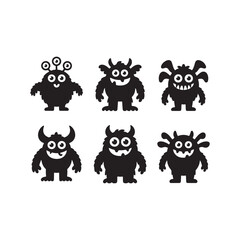 Fototapeta premium Six cute cartoon monster silhouettes vector isolated on white background