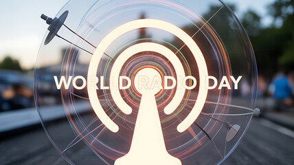 World Radio Day celebration graphic with radio wave symbol and antenna in urban background
