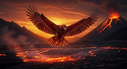 Eagle Flying Over Lava Field with Volcano Eruption at Sunset