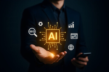 Business professional presenting AI interface with SEO and analytics icons – concept of artificial intelligence, digital marketing, and smart business tools