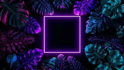 Vibrant tropical leaves surround glowing neon square frame on dark background, perfect for modern design and energetic themes