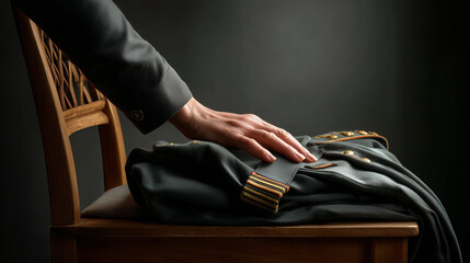 Man's hand resting on tailored black suit jacket on wooden chair  