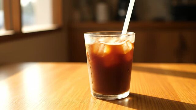 Refreshing glass of cold brew iced coffee with ice cubes and a straw. The beverage sits on a wooden table, illuminated by warm sunlight