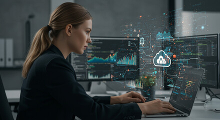 Professional woman analyzes cloud data on laptop, visualizing business growth in modern office, showing dynamic technology and future innovation trends