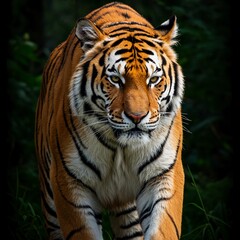 Walking Tiger Portrait Striking Eyes with Striped Fur