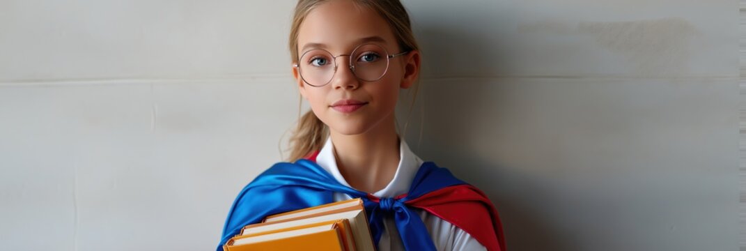 Young caucasian female with books in superhero cape and glasses