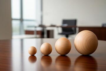 Four increasing size wooden spheres on a polished office table, symbolizing business growth and scaling.