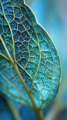 A detailed close-up view of a vibrant leaf, showcasing the intricate network of veins and the interplay of turquoise and lime green hues.
