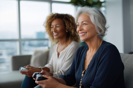 Mature caucasian and african female friends enjoying video games together