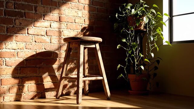 The warm rays of the sun shining through a window create a play of moving shadows on the brick wall. A wooden stool and a lush houseplant are illuminated by the gentle light