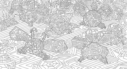 Fototapeta premium Abstract doodle art coloring page of ethereal, geometric creatures gliding through a world of shifting tessellations, ideal for kids and adults