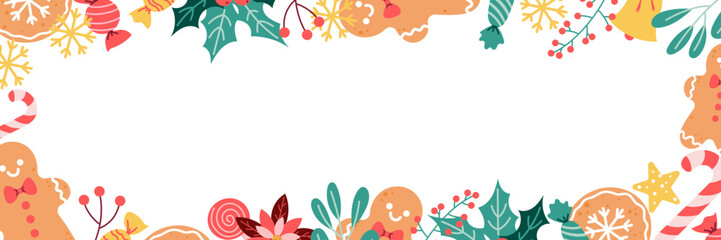 Christmas sweets banner. Holiday illustration with candy and gingerbread. Festive holiday treats banner. Christmas candy, lollipops and cookies