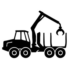 Logging truck with a mechanical claw, used for transporting timber and heavy materials. Perfect for construction, forestry, transportation, logistics, heavy machinery icons, industrial design projects
