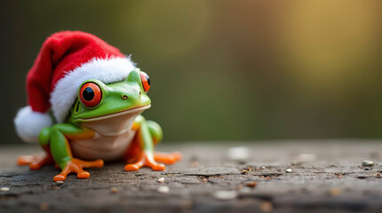 christmas image cute little green frog in red santa claus hat on bokeh background with copy space 