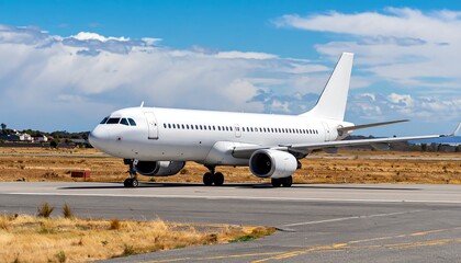 Fototapeta premium White airplane on tarmac under a partly cloudy sky