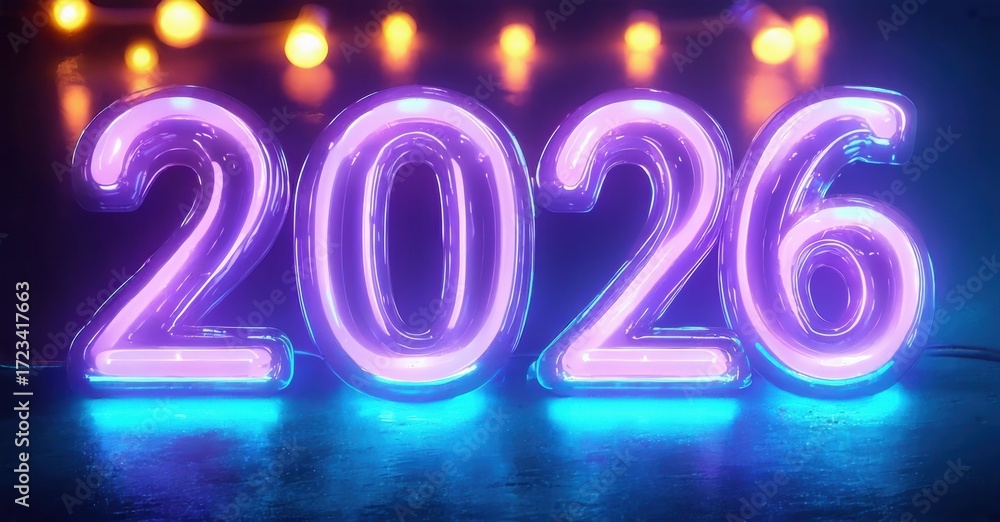 Poster Bright neon numbers display year 2026. Background features blurred lights, creating festive atmosphere. Dark surface reflects glow.