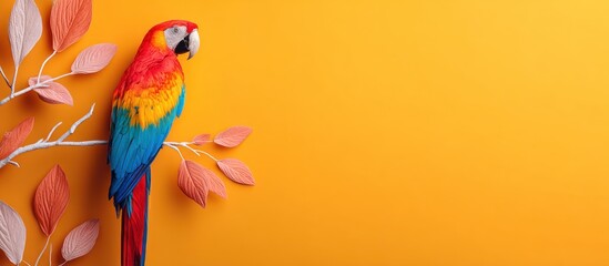 Fototapeta premium Vibrant macaw perched on branch, orange background, stylized leaves