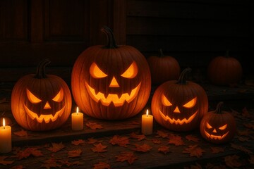 Background with halloween pumpkins, candles and autumn leaves on the wooden house porch