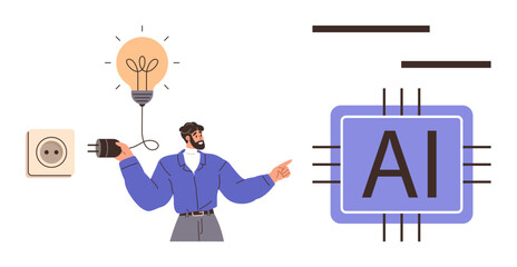 A man holds a glowing lightbulb, plugs a cord into an electric socket, points at an AI chip. Ideal for technology, innovation, energy, creativity, artificial intelligence, futuristic concepts simple