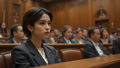 Woman witness sitting in courtroom with other people in background showing formal atmosphere, justice environment and legal institutional setting