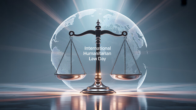 International Humanitarian Law Day symbolized by a balanced scale in front of a glowing globe