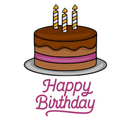 Delightful vector illustration of a layered chocolate birthday cake with three striped candles and a playful Happy Birthday script, perfect for celebratory designs.