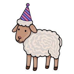 Adorable vector illustration of a cute sheep wearing a striped party hat, perfect for birthday celebrations or festive designs.