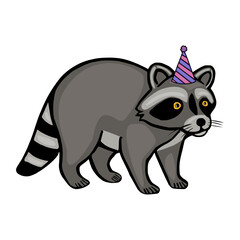 Festive vector illustration of a raccoon wearing a striped party hat, showcasing a playful and charming character design with detailed fur texture and bright eyes.