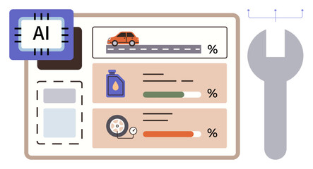 Digital dashboard with AI chip, car, oil, and tire icons displaying performance percentages. Ideal for automotive technology, diagnostics, innovation, data analysis, efficiency service tools simple