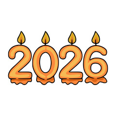 Festive vector illustration of the year 2026 represented by four orange melting candles with flames, perfect for holiday designs and celebrations.