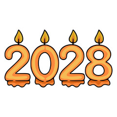 Festive vector illustration of four orange candles shaped as numbers 2028, each with a flame, representing the upcoming year.