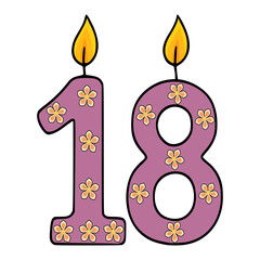 Vector illustration of eighteen birthday candles decorated with cute orange flowers on a purple background, perfect for invitations or festive designs.