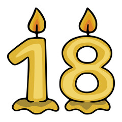 Festive vector illustration of golden eighteen birthday candles with realistic flames, perfect for invitations, cards, or party decorations.
