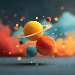 Fototapeta premium Floating Kawaii Planets with Ring — Cute 3D Clay Solar System