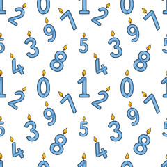 Seamless vector pattern of light blue birthday candles shaped as numbers with yellow flames, playfully scattered on a white background, ideal for festive designs.