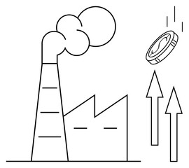 Factory emitting smoke alongside arrows and an ascending coin symbolizing economic growth, productivity, and industrialization. Ideal for business trends, investment, energy, growth, economy